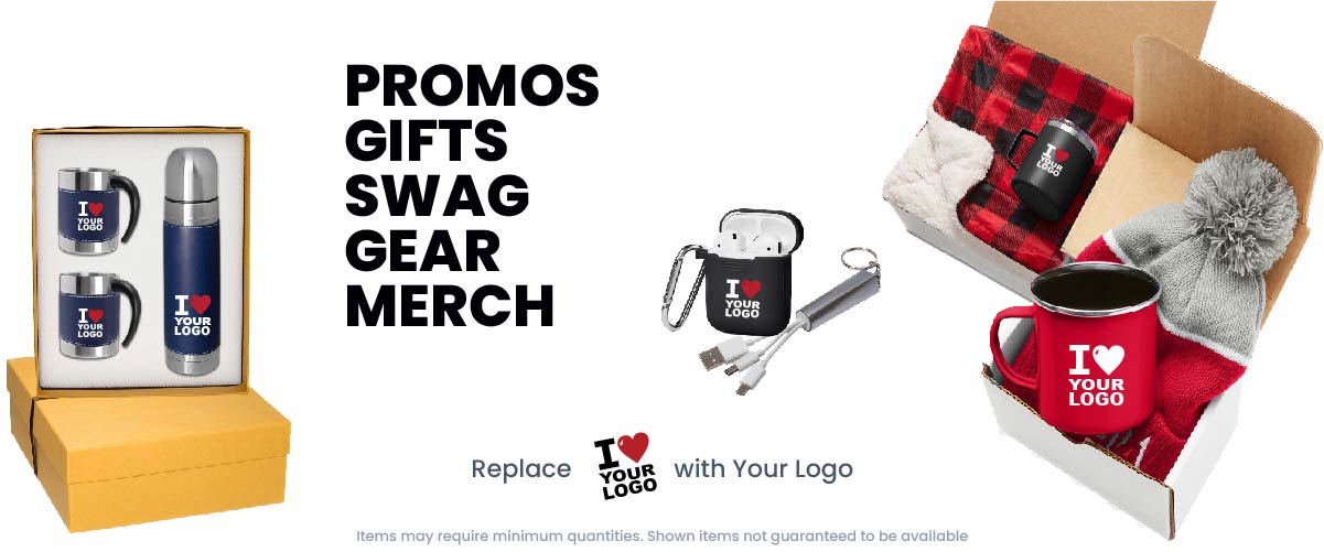 Promos, Gifts, Swag, Gear, Merch, Gift Set of Thermos and Mugs with your logo on it. Earbuds, usb charge adapters with our logo, Blanket and Mug Merch Kit with Your logo, Mug and Winter Hat Merch Kit. Red and Gray. Replace, the 