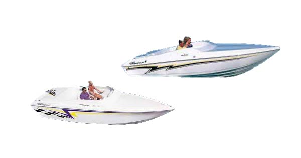 Image of Actual PowerQuest boats with people in them. Multi-designs and multi-colored decals on the boats.
