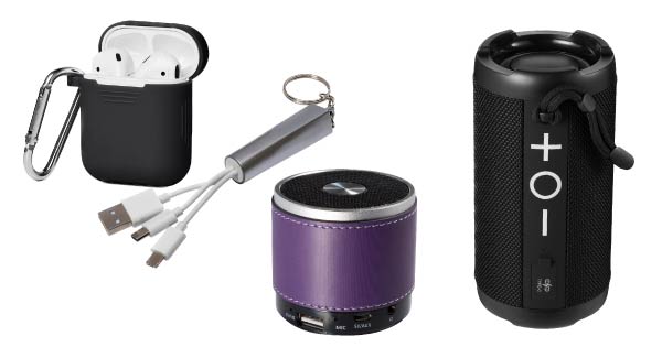 image of earbuds, usb charger, bluetooth speaker, merch items all that you can add your logo to.