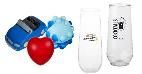 stress balls in various colors, shapes, and sizes, clear plastic champagne flutes with your logo on them.
