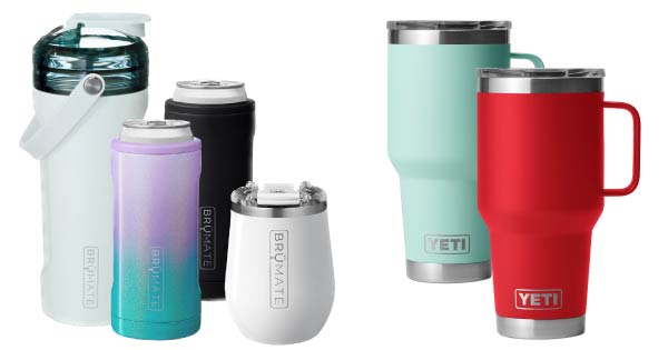 Image of various Brumate mugs, thermoses and can coolies, images of mint yeti and red yeti. Just add your logo. 