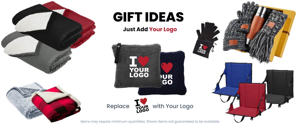 Gift Ideas, Just add your logo. Fleece blankets, sherpa blankets, blankets that convert info pillows, touchscreen friendly mittens, beanie, glove, scarf, and thermos merch kit, stadium seats. Be the only one giving away electric wine openers for gifts this year...with your logo on them. 